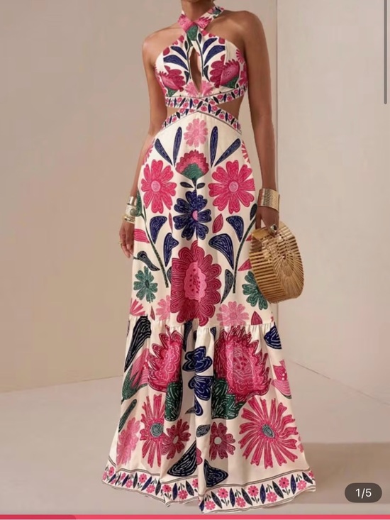 Dresses & Skirts - Floral Halter Maxi Dress in Cream and Pink
